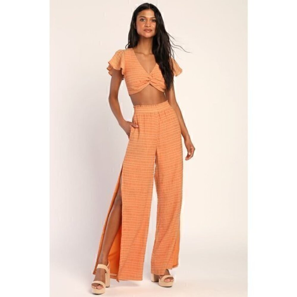 Lulu's Orange Striped Smocked Slit Wide-Leg Pants Size L NWT